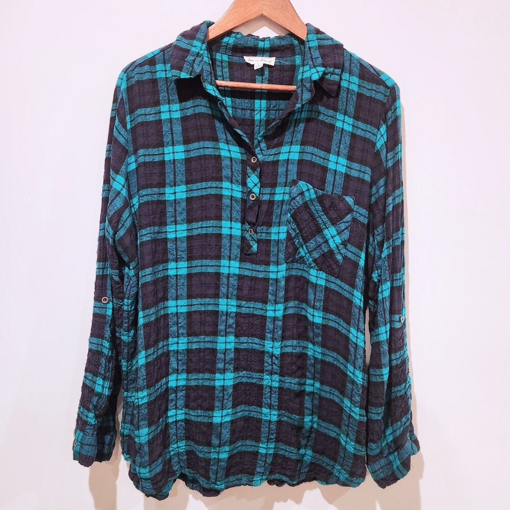 Jane And Delancey Womens Blue Black Plaid Crinkle Henley Blouse Size XL Beach